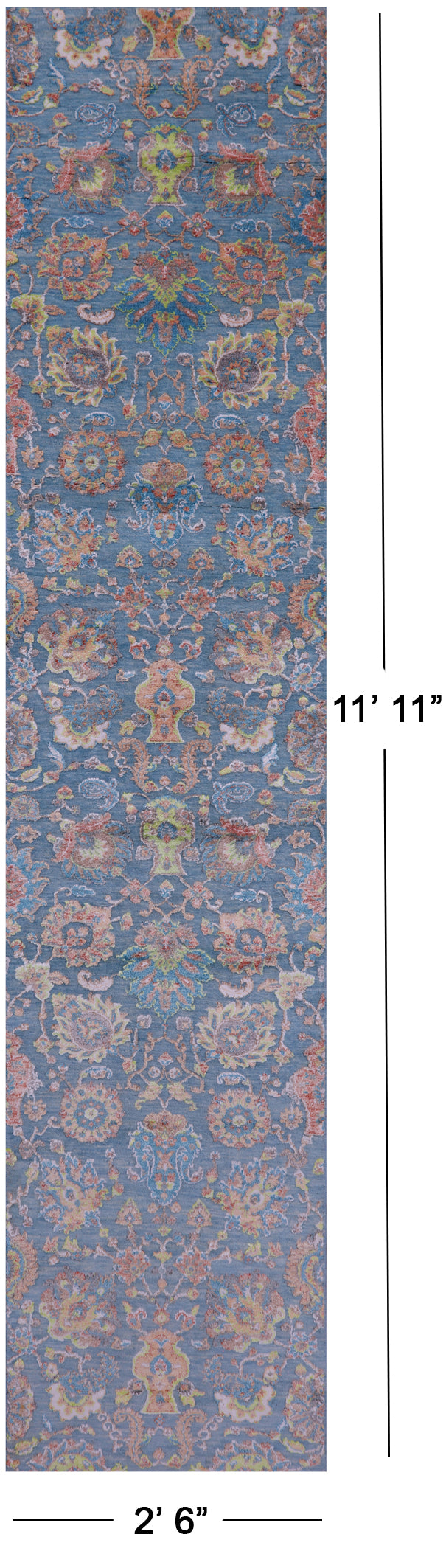 Blue Persian Tabriz Handmade Wool & Silk Runner Rug - 2' 6" X 11' 11" - Golden Nile
