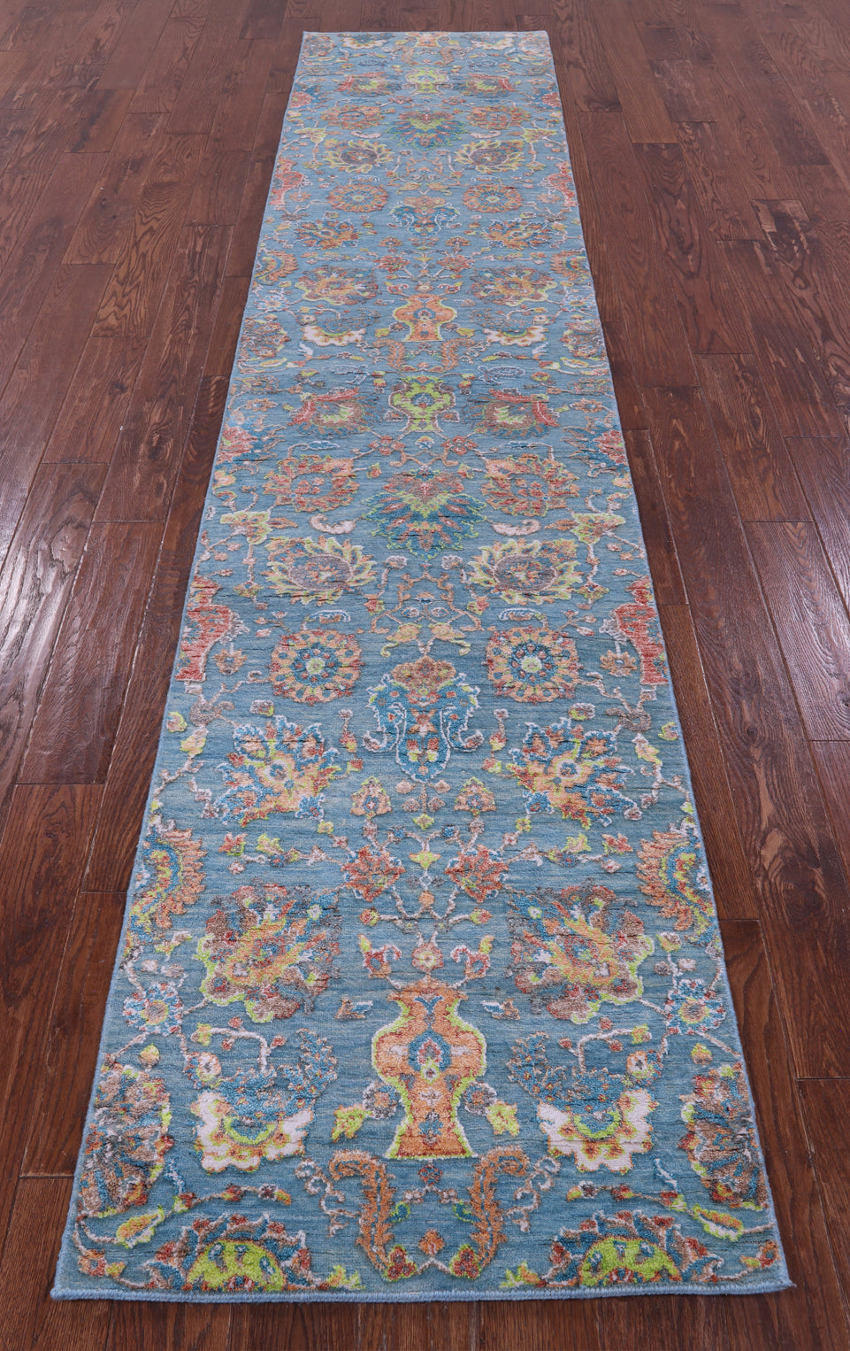 Blue Persian Tabriz Hand Knotted Wool & Silk Runner Rug - 2' 7" X 11' 11" - Golden Nile