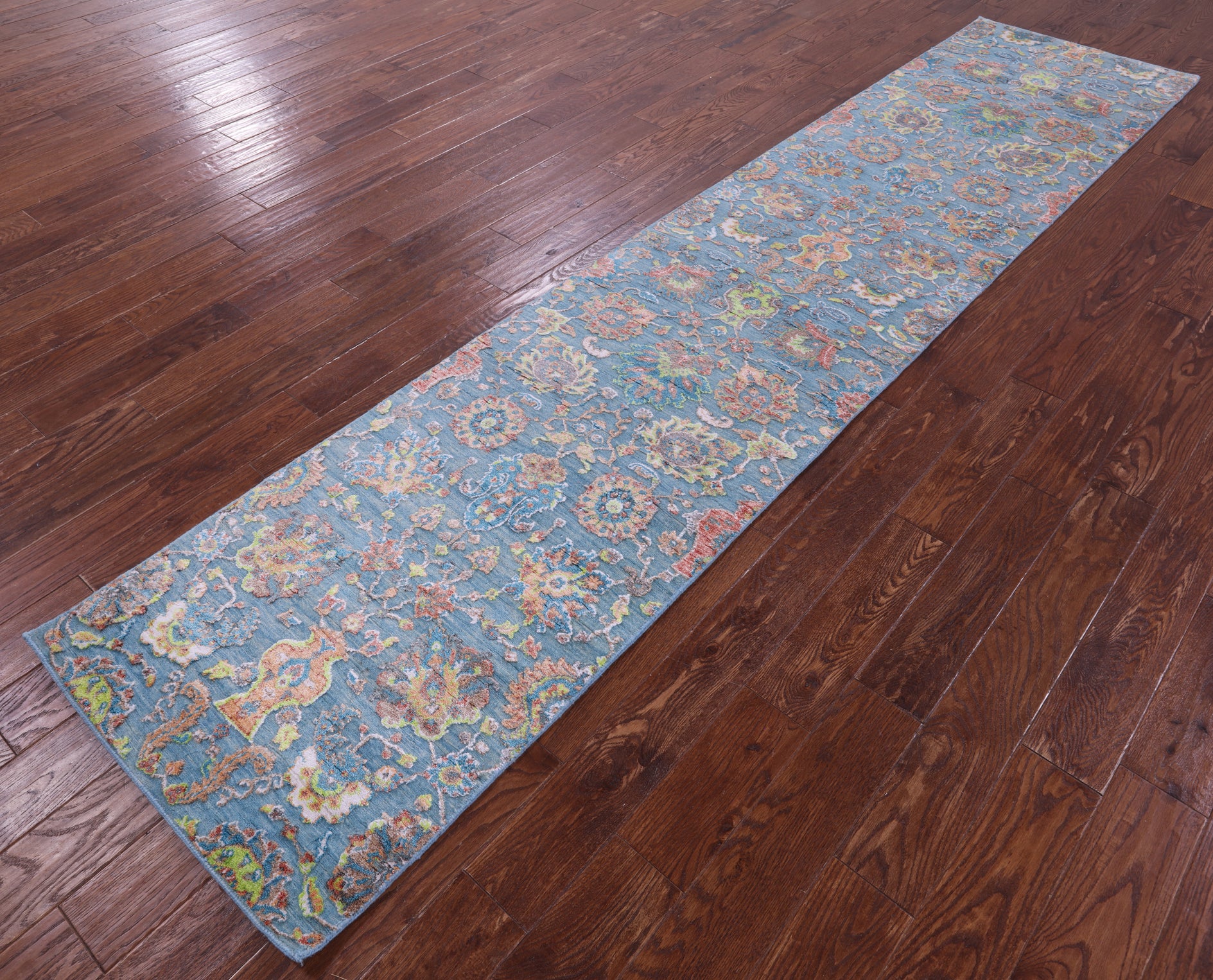 Blue Persian Tabriz Hand Knotted Wool & Silk Runner Rug - 2' 7" X 11' 11" - Golden Nile