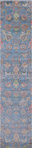 Blue Persian Tabriz Hand Knotted Wool & Silk Runner Rug - 2' 7" X 11' 11" - Golden Nile