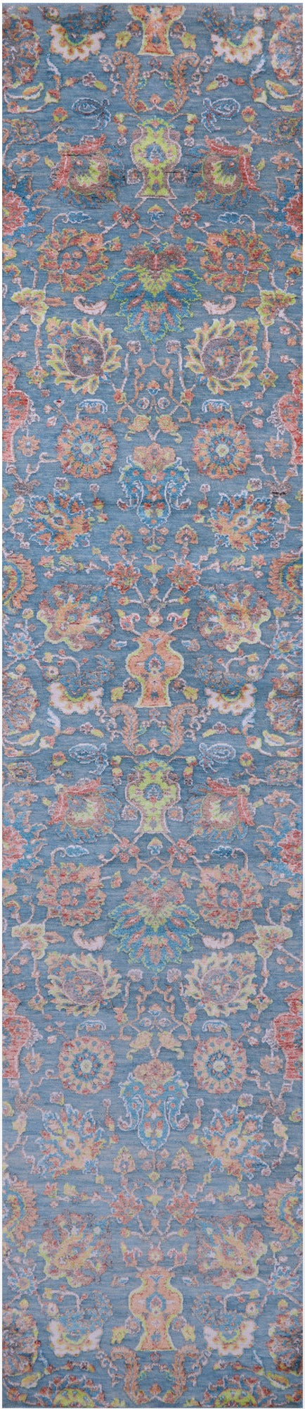 Blue Persian Tabriz Hand Knotted Wool & Silk Runner Rug - 2' 7" X 11' 11" - Golden Nile