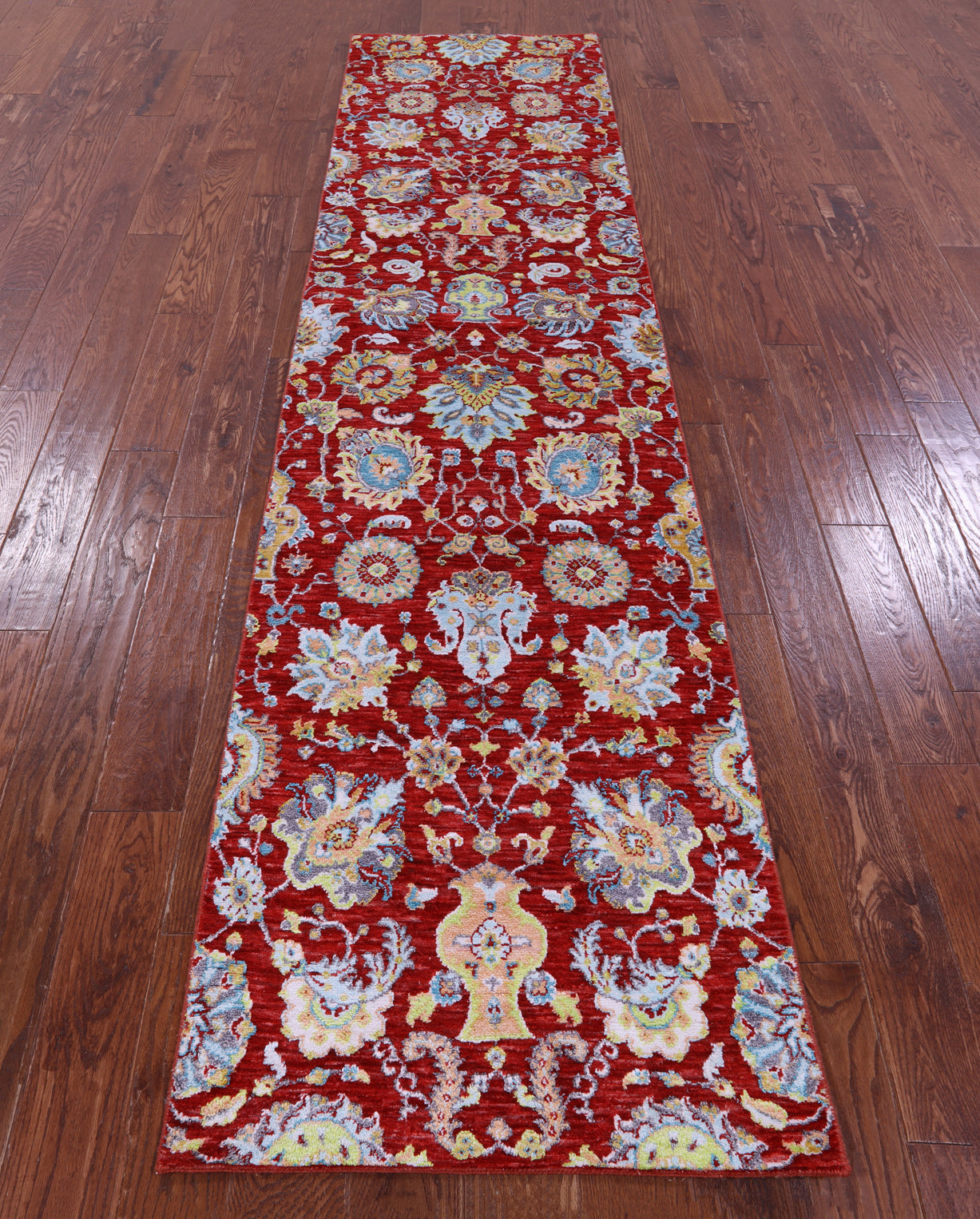 Red Persian Tabriz Hand Knotted Wool & Silk Runner Rug - 2' 7" X 10' 5" - Golden Nile