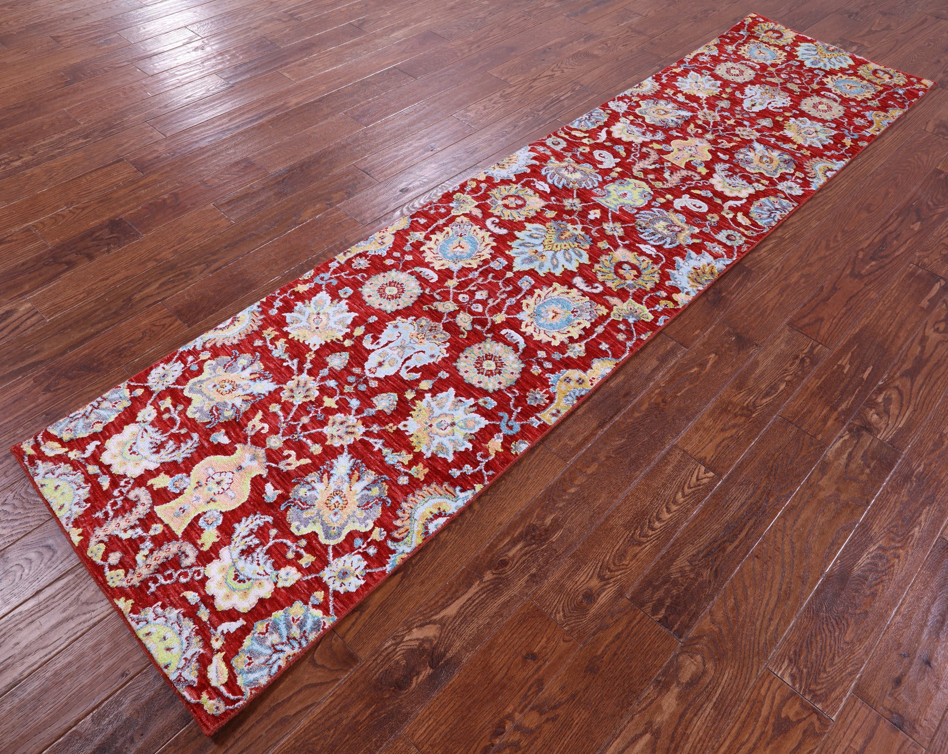Red Persian Tabriz Hand Knotted Wool & Silk Runner Rug - 2' 7" X 10' 5" - Golden Nile