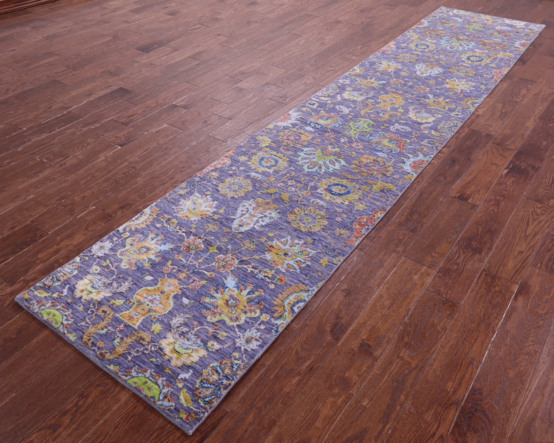 Purple Persian Tabriz Hand Knotted Wool & Silk Runner Rug - 2' 7" X 12' 6" - Golden Nile