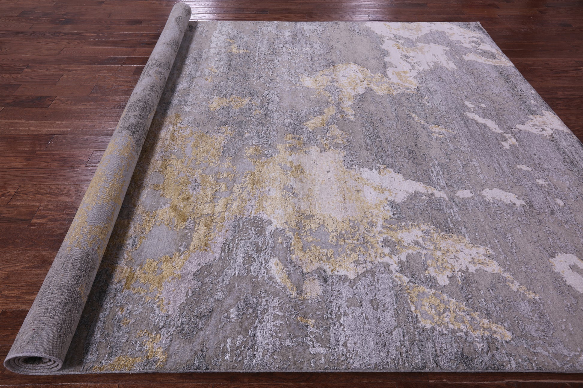 Abstract Contemporary Hand Knotted Wool & Silk Rug - 8' 11" X 11' 11" - Golden Nile