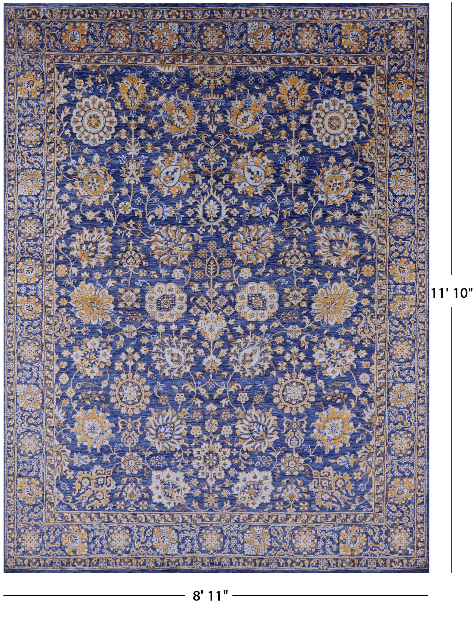 Blue Persian Tabriz Hand Knotted Wool & Silk Rug - 8' 11" X 11' 10" - Golden Nile