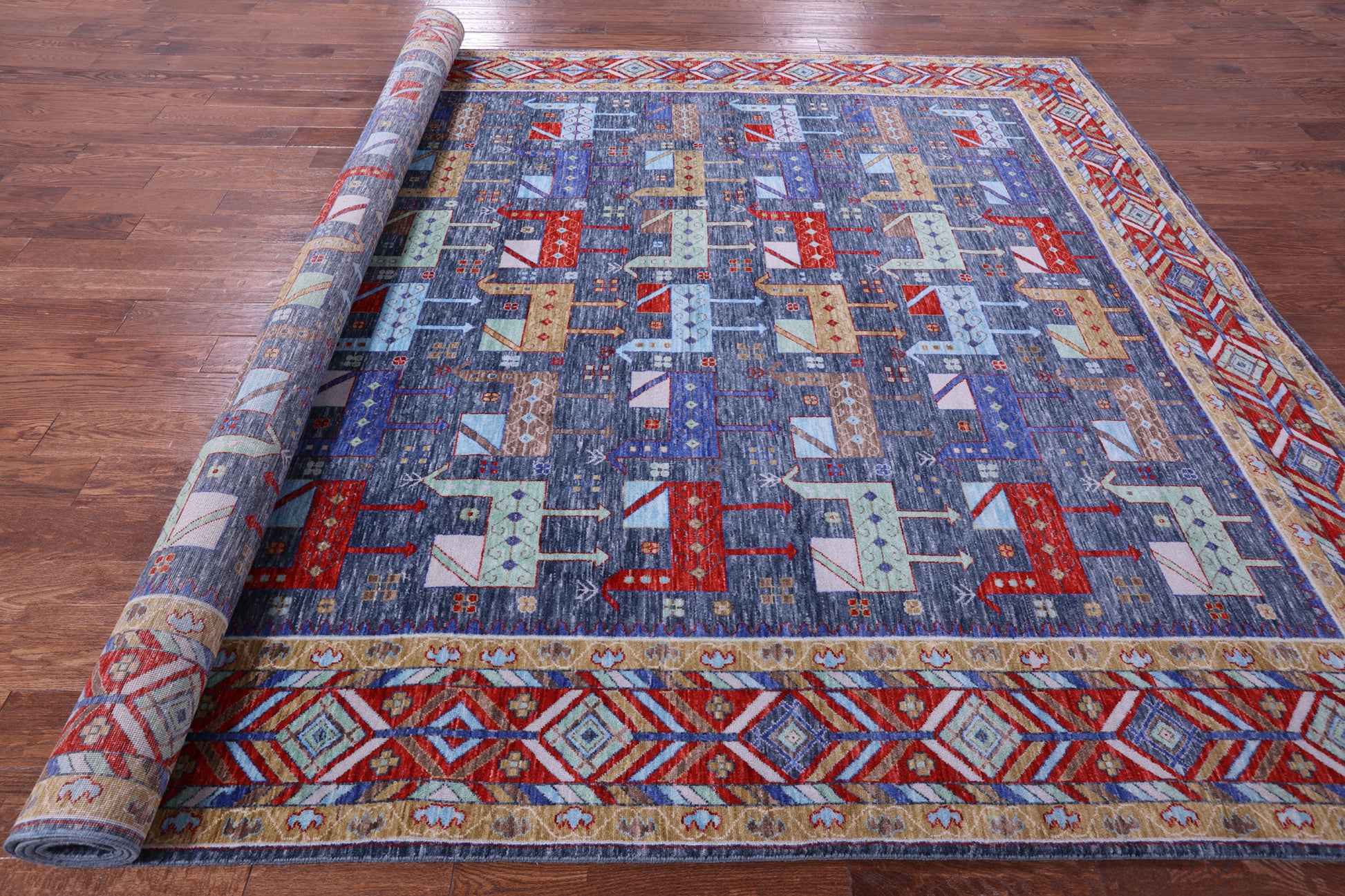 Blue Persian Fine Serapi Hand Knotted Wool Rug - 9' 1" X 12' 3" - Golden Nile