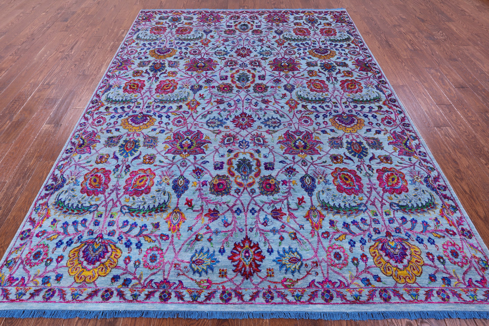 Blue Persian Tabriz Hand Knotted Wool & Silk Rug - 8' 0" X 10' 3" - Golden Nile