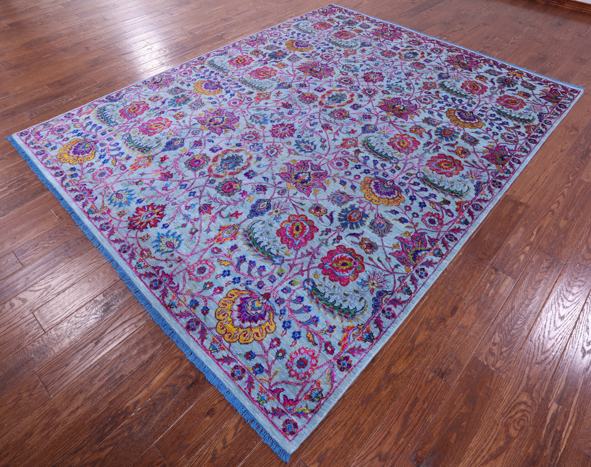 Blue Persian Tabriz Hand Knotted Wool & Silk Rug - 8' 0" X 10' 3" - Golden Nile