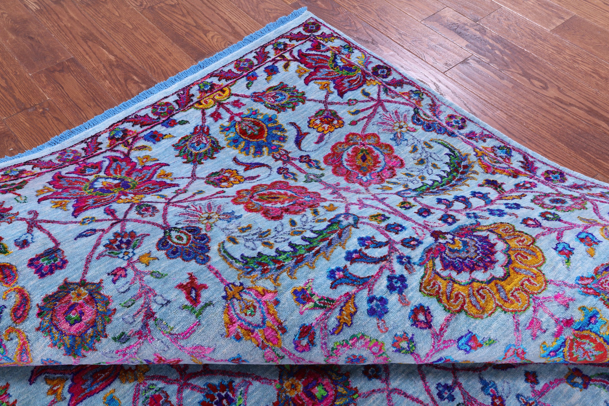 Blue Persian Tabriz Hand Knotted Wool & Silk Rug - 8' 0" X 10' 3" - Golden Nile