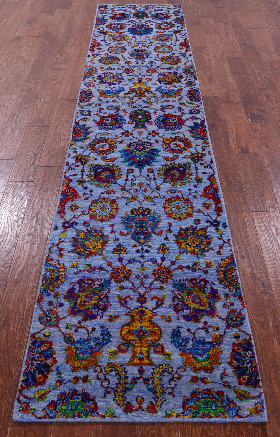 Blue Persian Tabriz Hand Knotted Wool & Silk Runner Rug - 2' 6" X 12' 3" - Golden Nile
