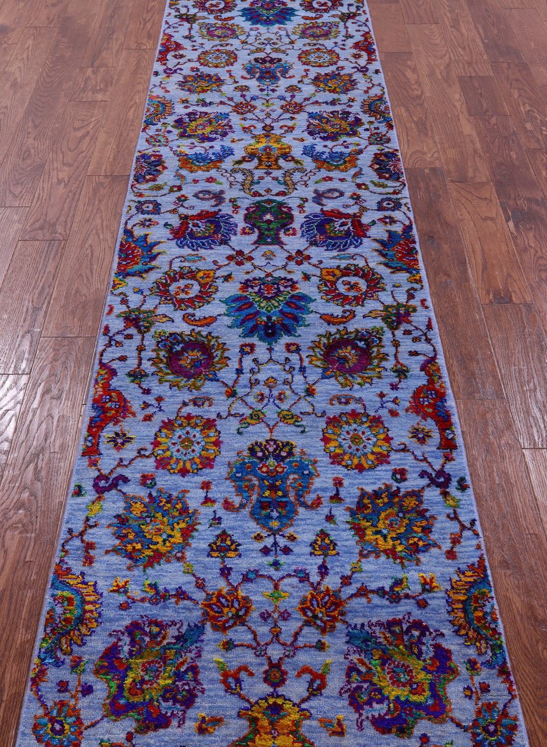 Blue Persian Tabriz Hand Knotted Wool & Silk Runner Rug - 2' 6" X 12' 3" - Golden Nile