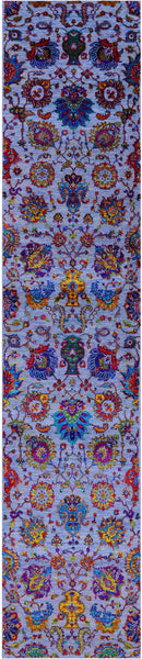 Blue Persian Tabriz Hand Knotted Wool & Silk Runner Rug - 2' 6" X 12' 3" - Golden Nile