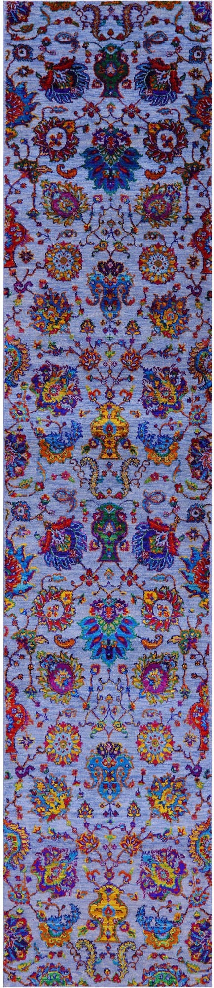 Blue Persian Tabriz Hand Knotted Wool & Silk Runner Rug - 2' 6" X 12' 3" - Golden Nile