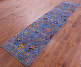 Blue Persian Tabriz Hand Knotted Wool & Silk Runner Rug - 2' 7" X 11' 9" - Golden Nile