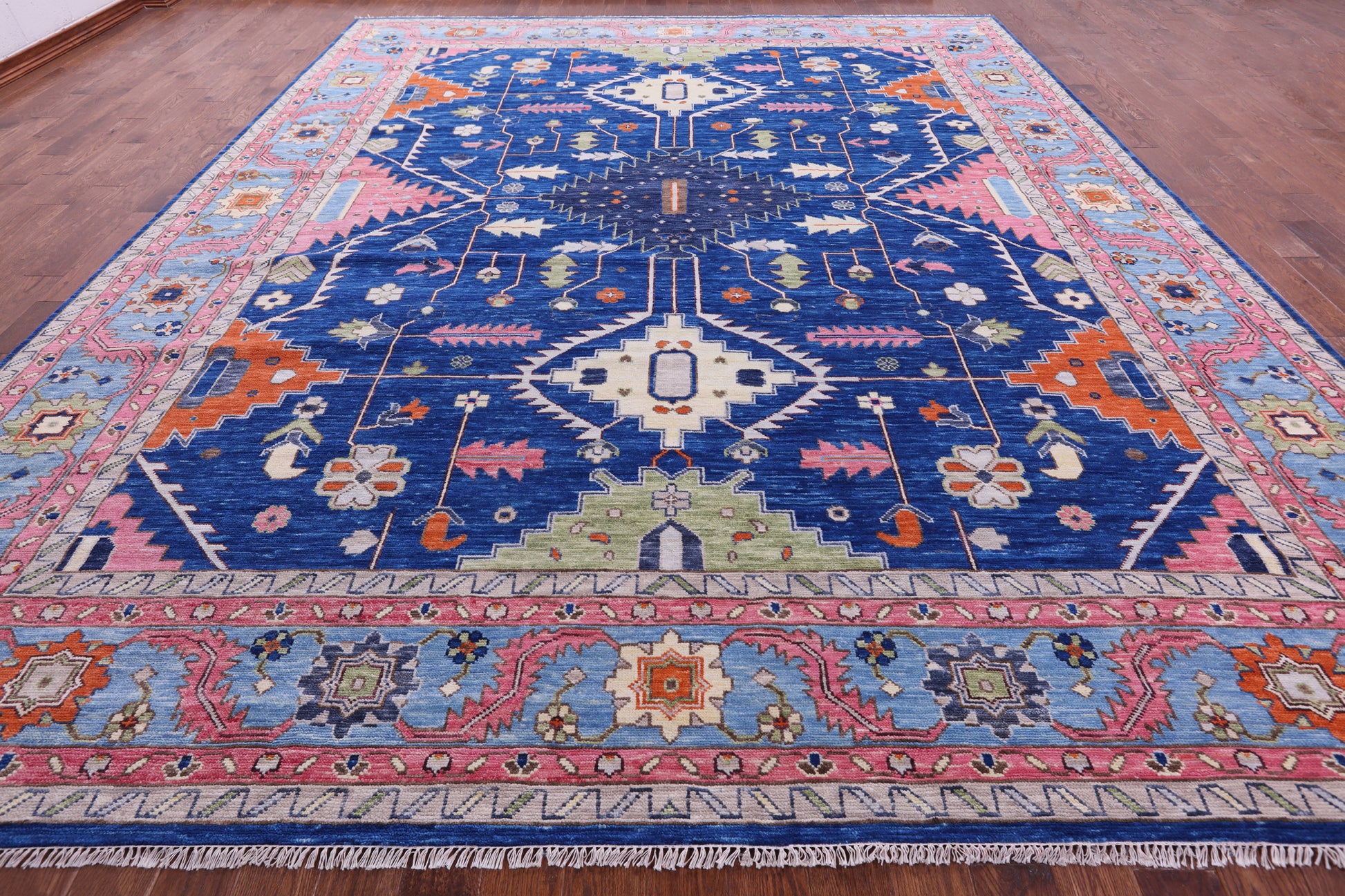 Blue Kazak Handmade Wool Rug - 12' 2" X 15' 3" - Golden Nile