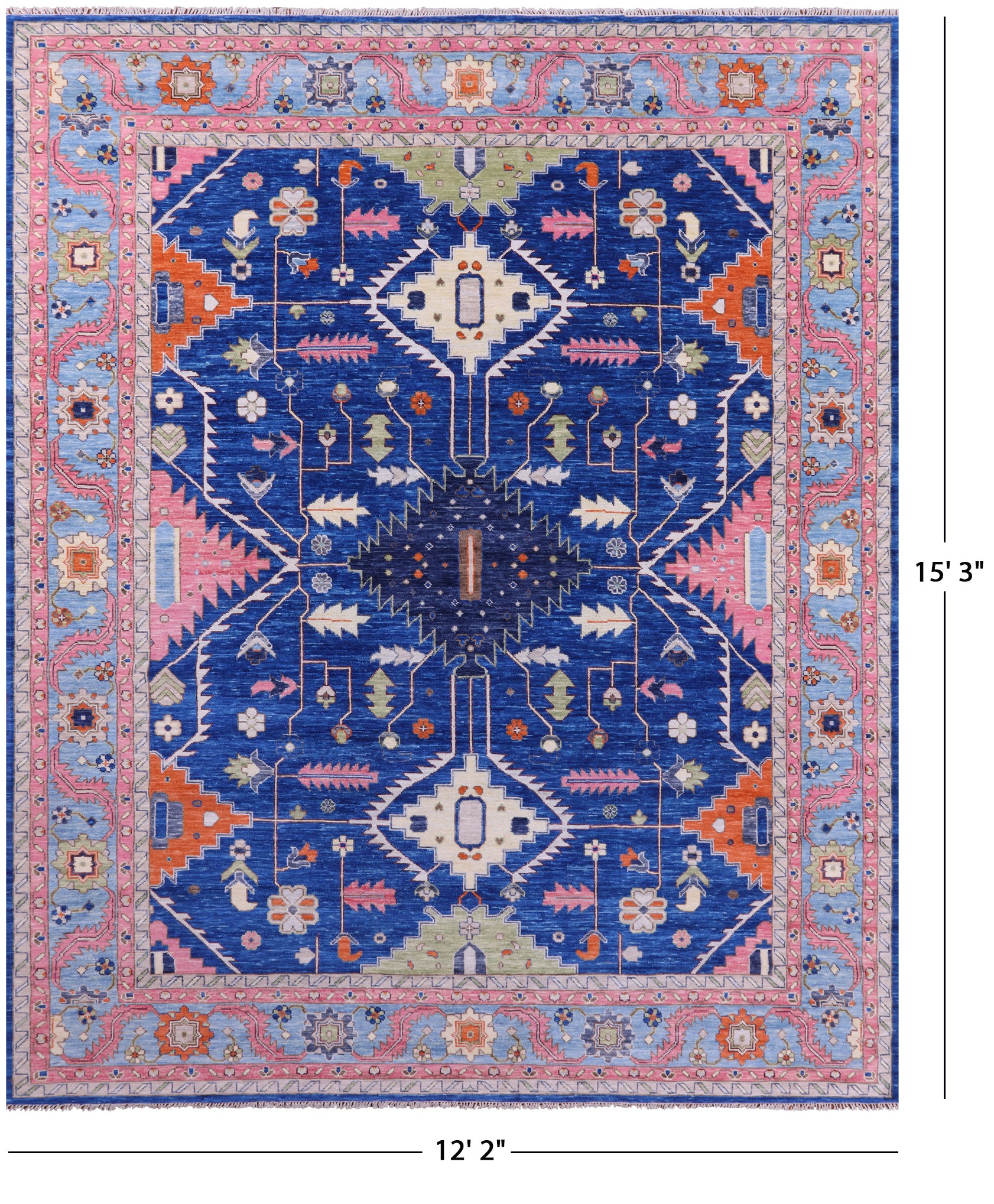 Blue Kazak Handmade Wool Rug - 12' 2" X 15' 3" - Golden Nile