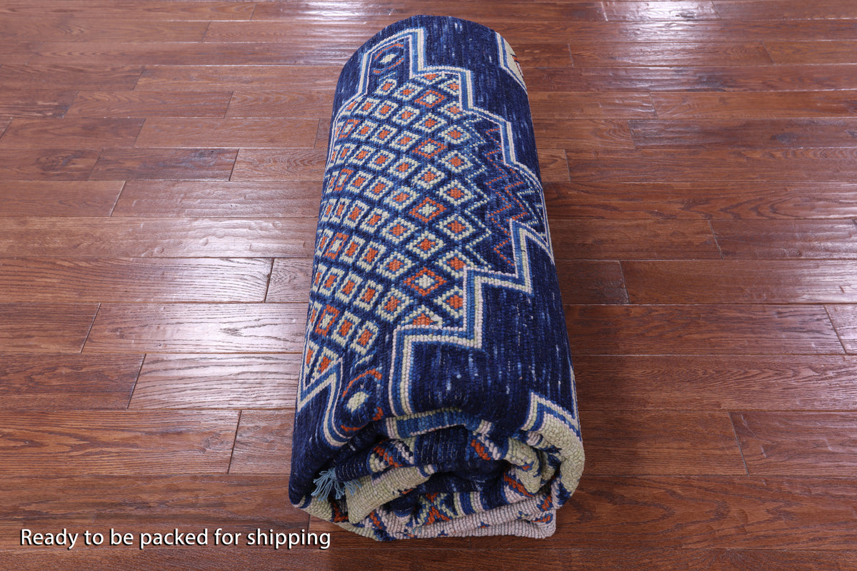 Blue Southwest Navajo Design Gabbeh Hand Knotted Wool Rug - 9' 4" X 12' 2" - Golden Nile