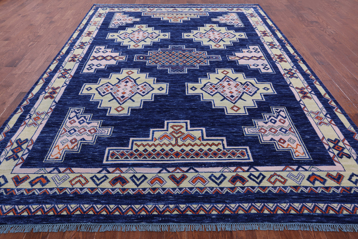 Blue Southwest Navajo Design Gabbeh Hand Knotted Wool Rug - 9' 4" X 12' 2" - Golden Nile