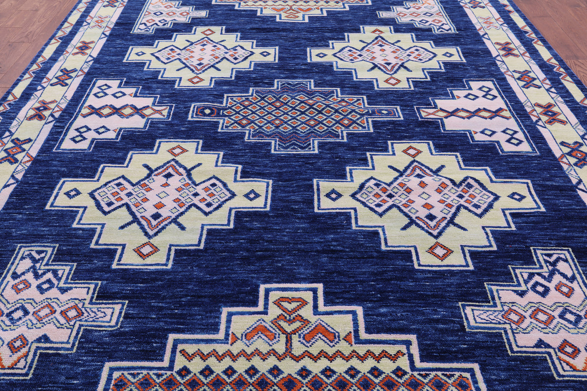 Blue Southwest Navajo Design Gabbeh Hand Knotted Wool Rug - 9' 4" X 12' 2" - Golden Nile