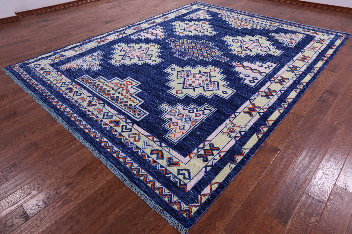 Blue Southwest Navajo Design Gabbeh Hand Knotted Wool Rug - 9' 4" X 12' 2" - Golden Nile