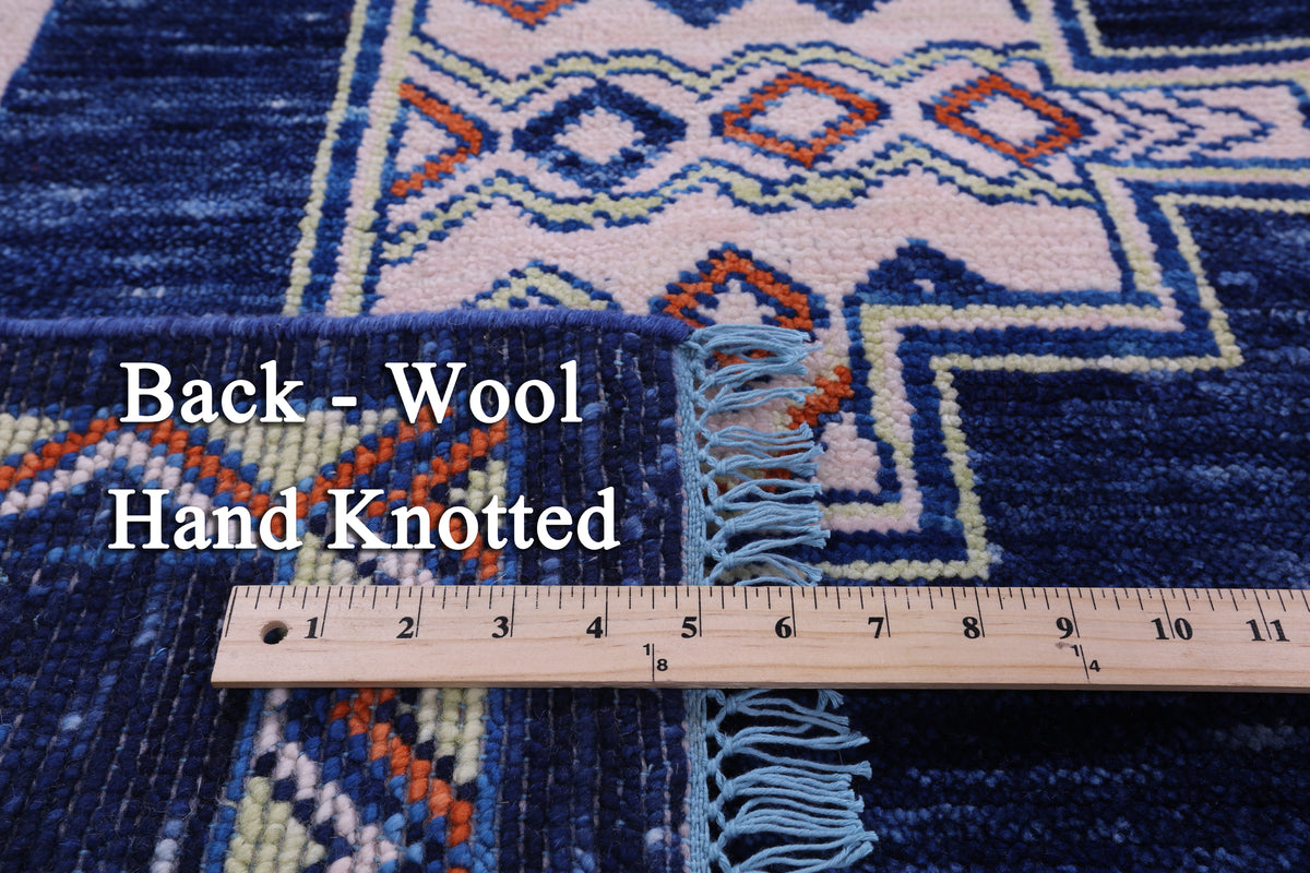 Blue Southwest Navajo Design Gabbeh Hand Knotted Wool Rug - 9' 4" X 12' 2" - Golden Nile