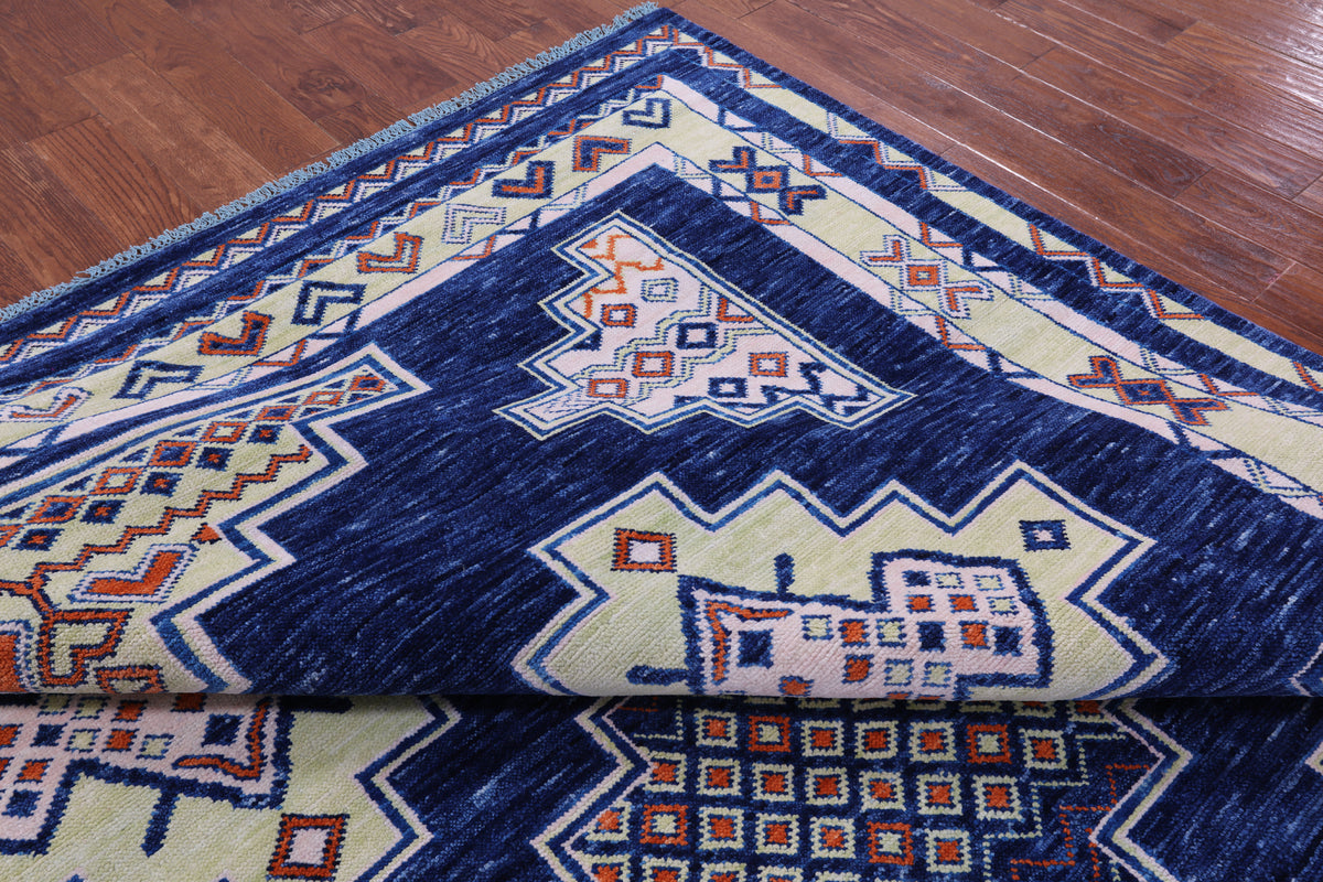 Blue Southwest Navajo Design Gabbeh Hand Knotted Wool Rug - 9' 4" X 12' 2" - Golden Nile
