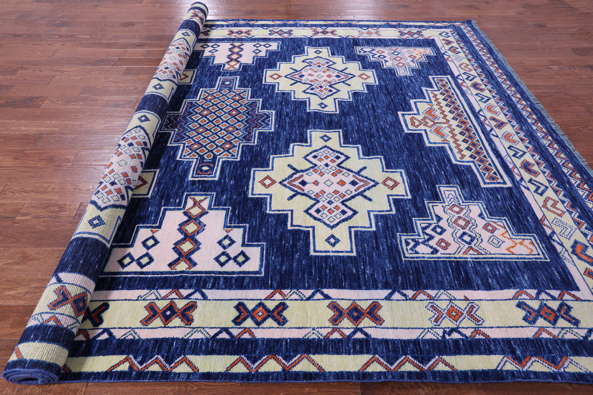Blue Southwest Navajo Design Gabbeh Hand Knotted Wool Rug - 9' 4" X 12' 2" - Golden Nile