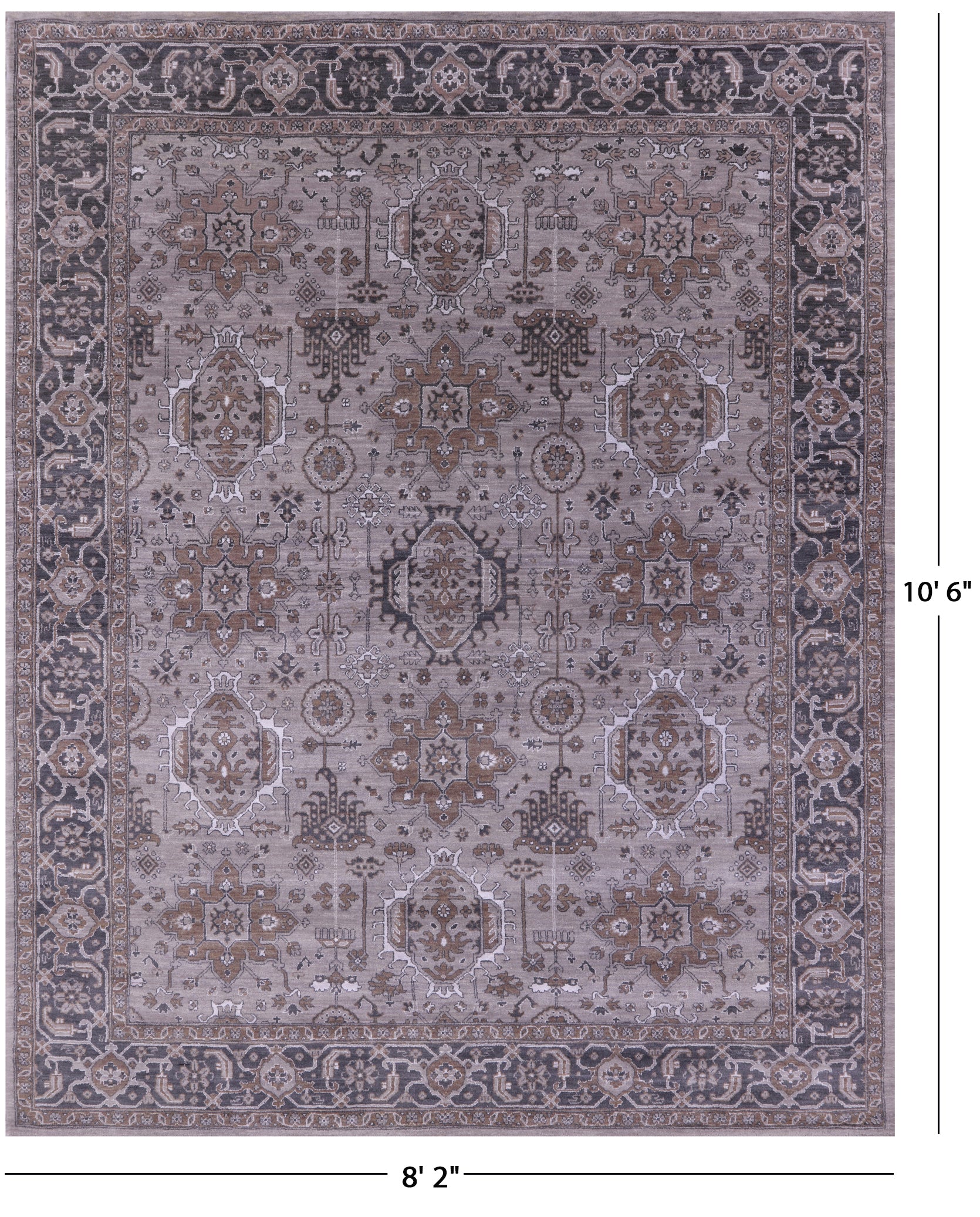 Grey Persian Fine Serapi Hand Knotted Wool & Silk Rug - 8' 2" X 10' 6" - Golden Nile