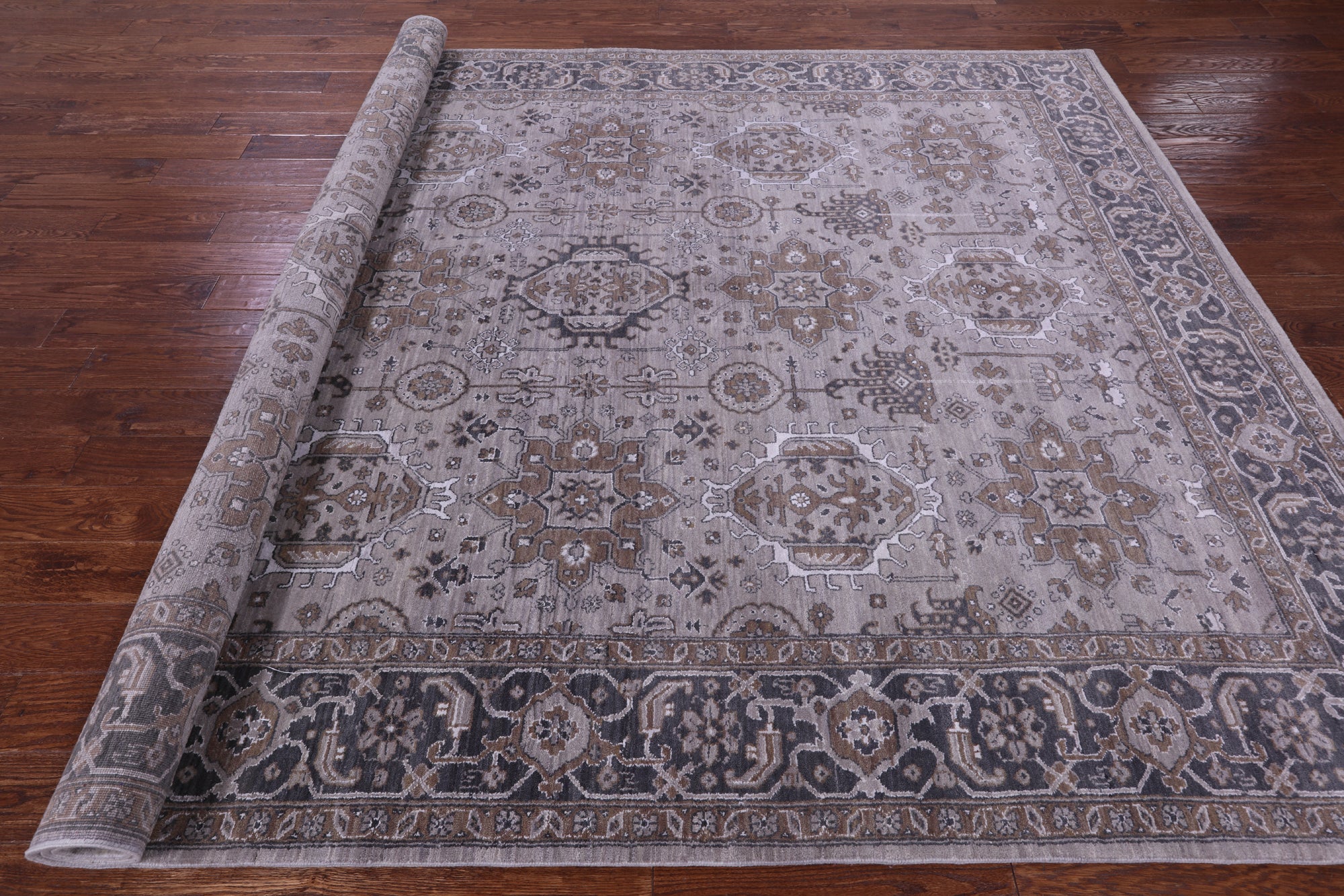 Grey Persian Fine Serapi Hand Knotted Wool & Silk Rug - 8' 2" X 10' 6" - Golden Nile
