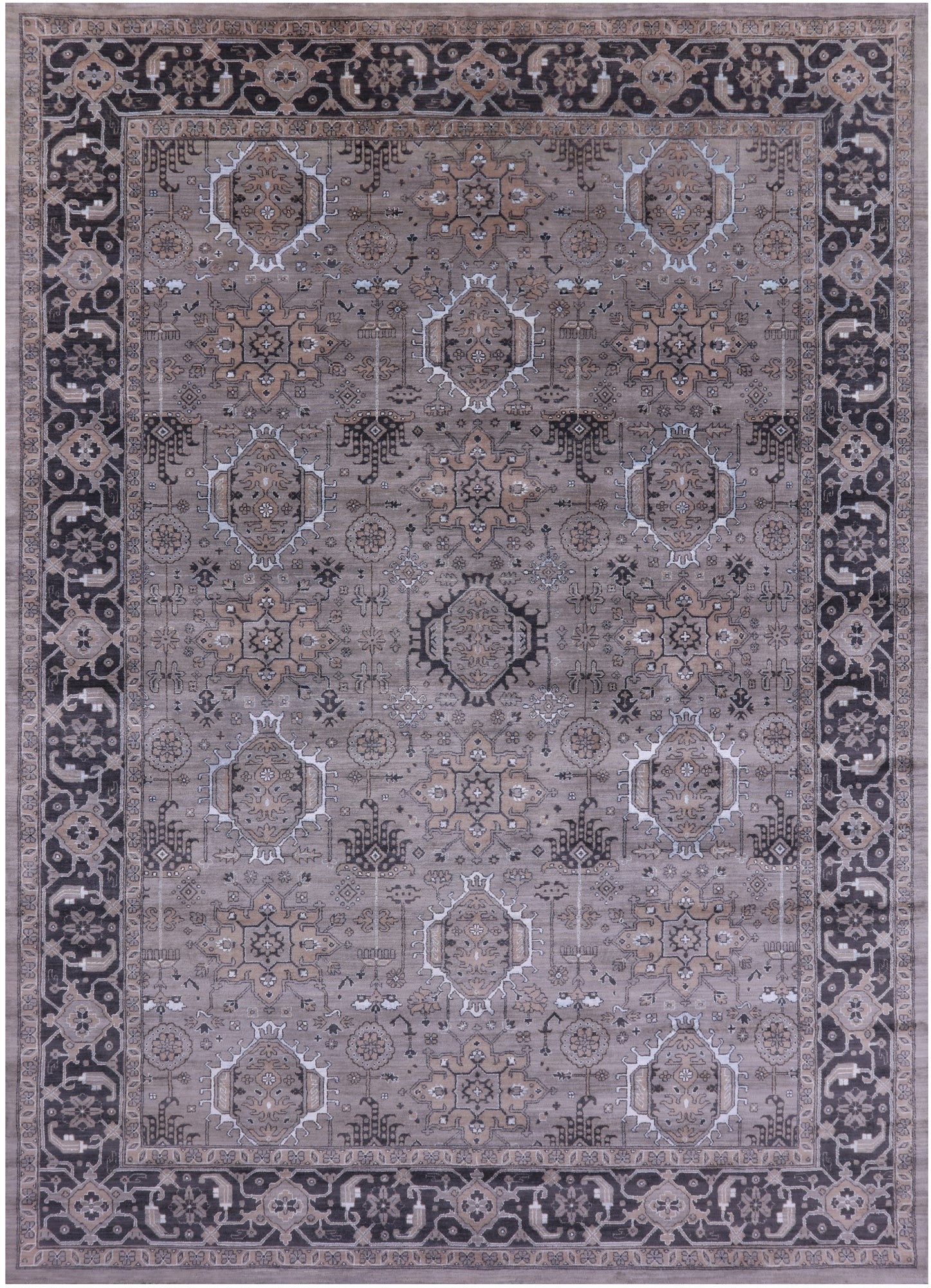 Grey Persian Fine Serapi Hand Knotted Wool & Silk Rug - 10' 0" X 14' 6" - Golden Nile