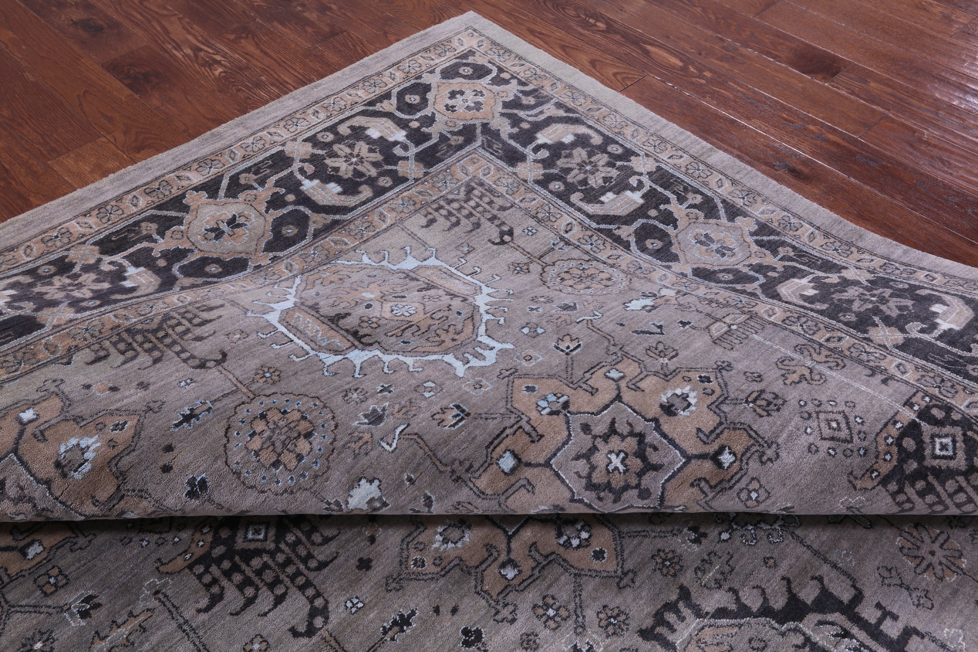Grey Persian Fine Serapi Hand Knotted Wool & Silk Rug - 10' 0" X 14' 6" - Golden Nile