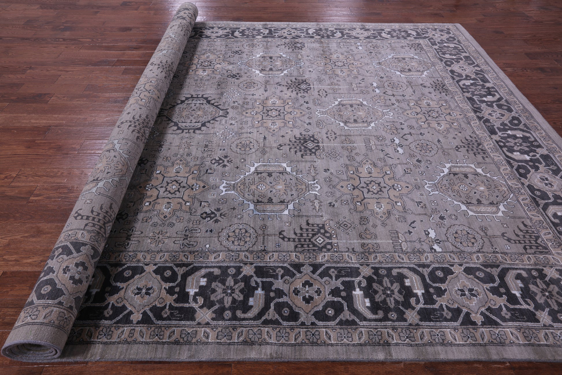Grey Persian Fine Serapi Hand Knotted Wool & Silk Rug - 10' 0" X 14' 6" - Golden Nile