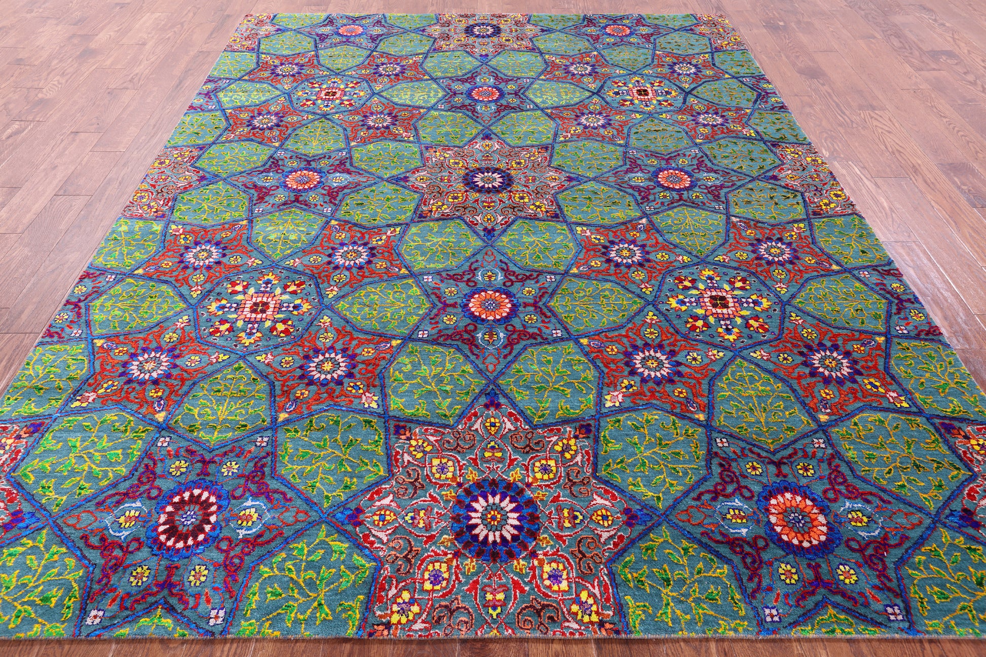 Green Persian Tabriz Handmade Wool & Silk Rug - 7' 11" X 10' 2" - Golden Nile