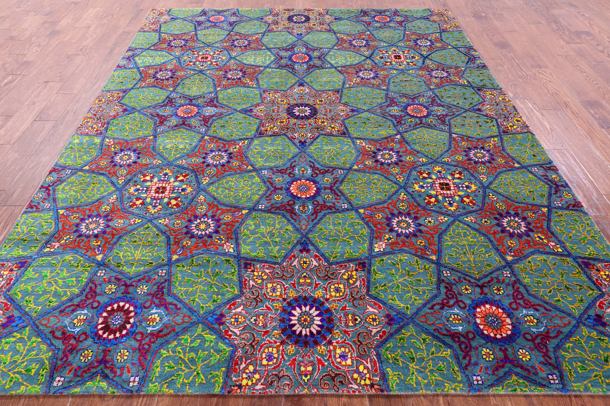 Green Persian Tabriz Handmade Wool & Silk Rug - 7' 11" X 10' 2" - Golden Nile