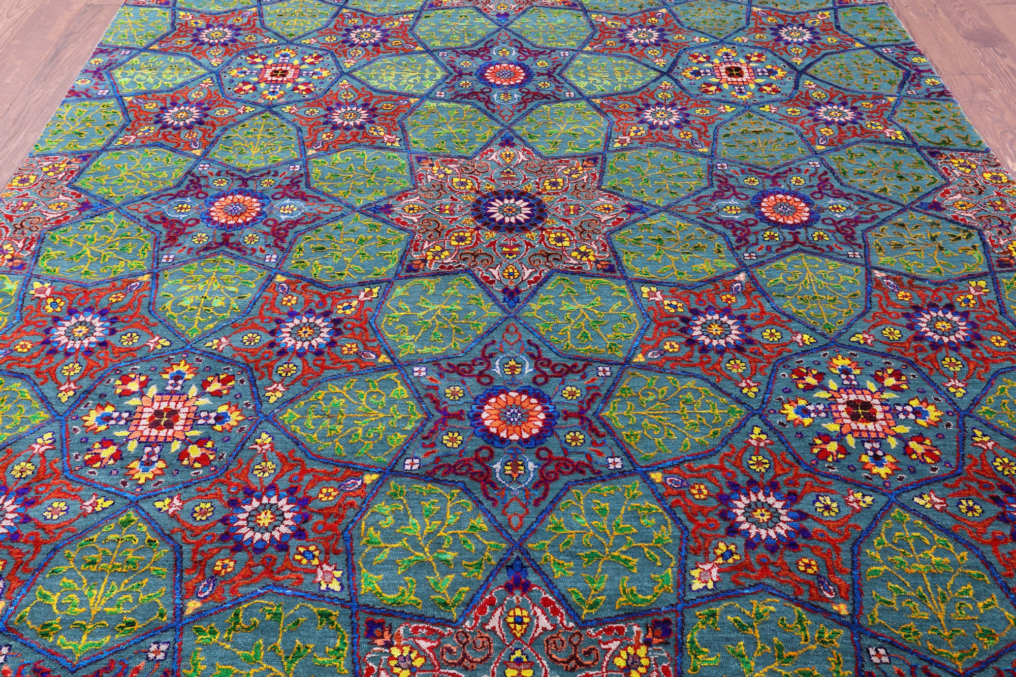 Green Persian Tabriz Handmade Wool & Silk Rug - 7' 11" X 10' 2" - Golden Nile