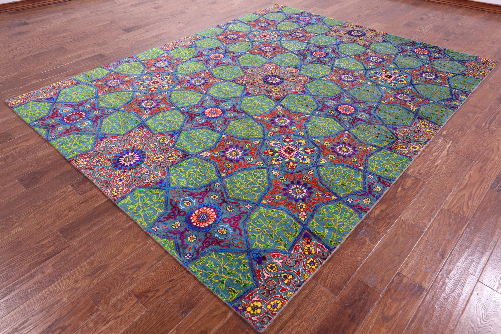 Green Persian Tabriz Handmade Wool & Silk Rug - 7' 11" X 10' 2" - Golden Nile