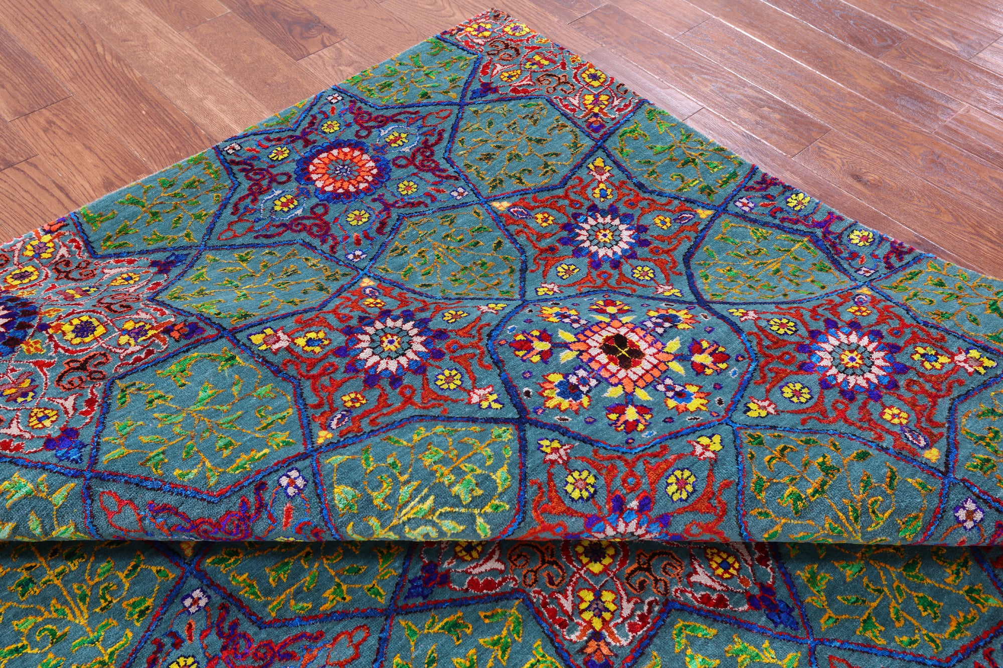 Green Persian Tabriz Handmade Wool & Silk Rug - 7' 11" X 10' 2" - Golden Nile