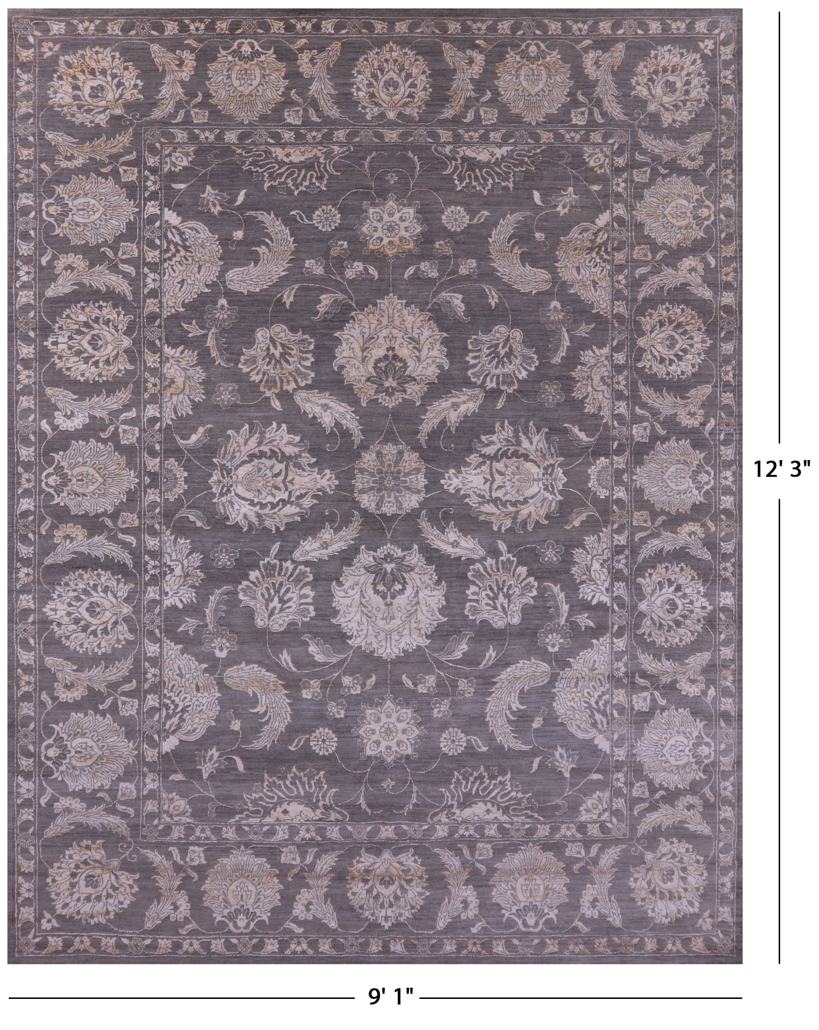 Grey Persian Tabriz Hand Knotted Wool & Silk Rug - 9' 1" X 12' 3" - Golden Nile
