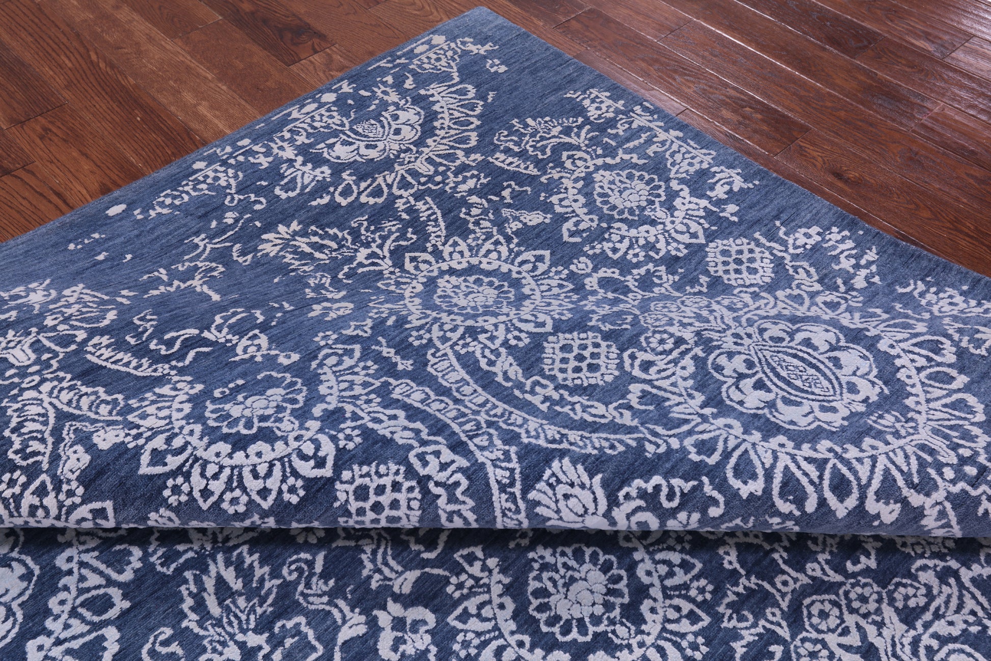 Blue Persian Tabriz Hand Knotted Wool & Silk Rug - 8' 0" X 10' 0" - Golden Nile