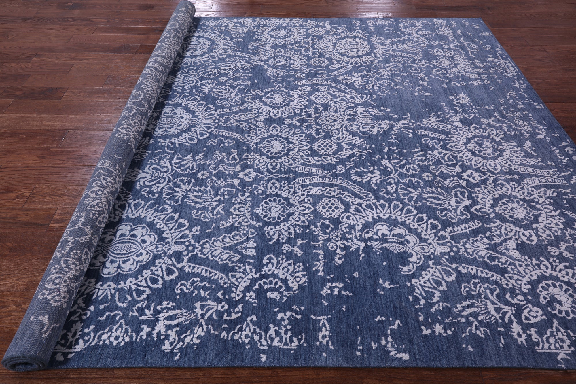 Blue Persian Tabriz Hand Knotted Wool & Silk Rug - 8' 0" X 10' 0" - Golden Nile