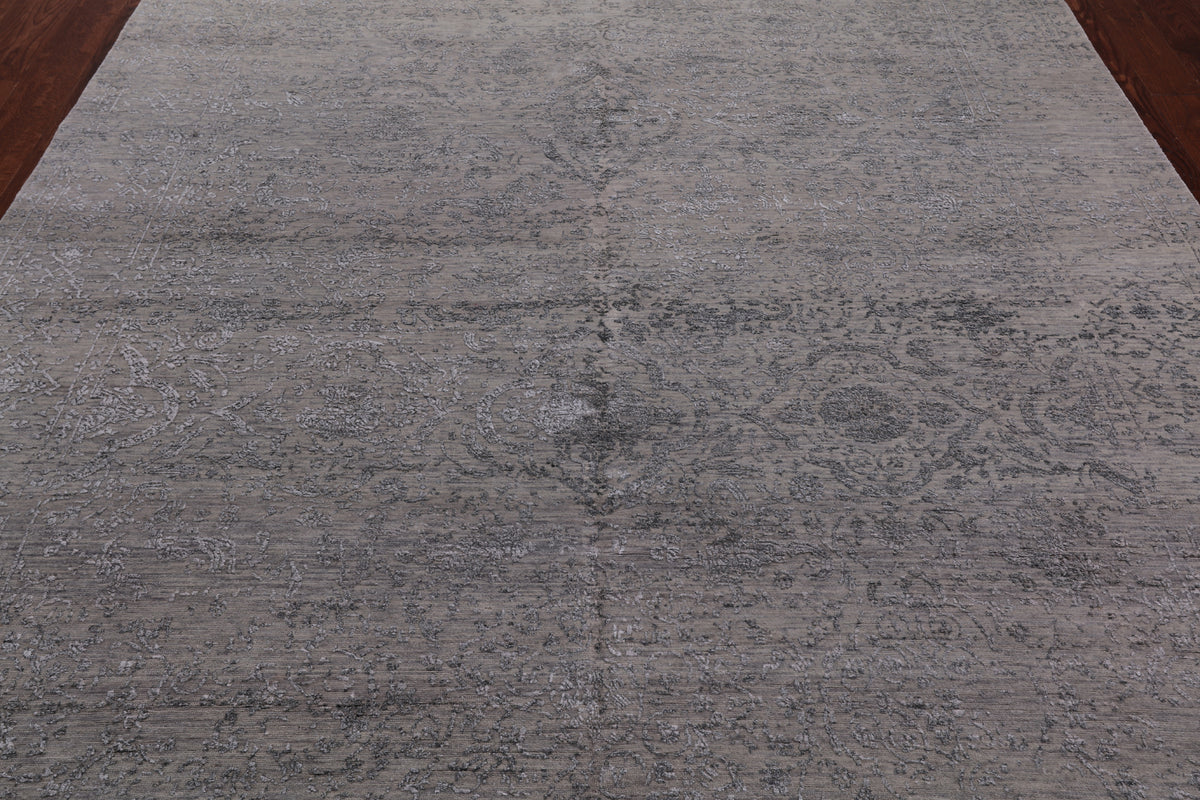 Grey Persian Hand Knotted Wool & Silk Rug - 8' 1" X 9' 11"