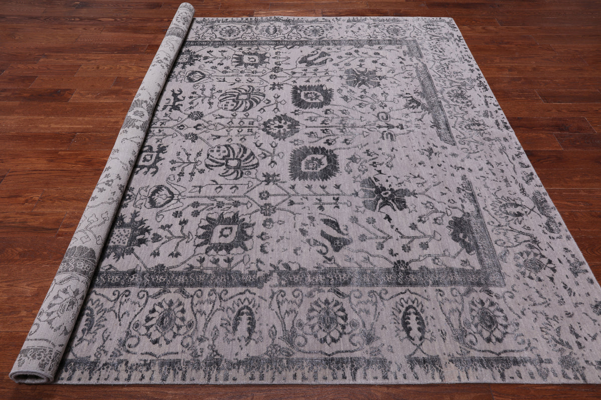 Grey Square Persian Tabriz Hand Knotted Wool & Silk Rug - 8' 0" X 8' 0"