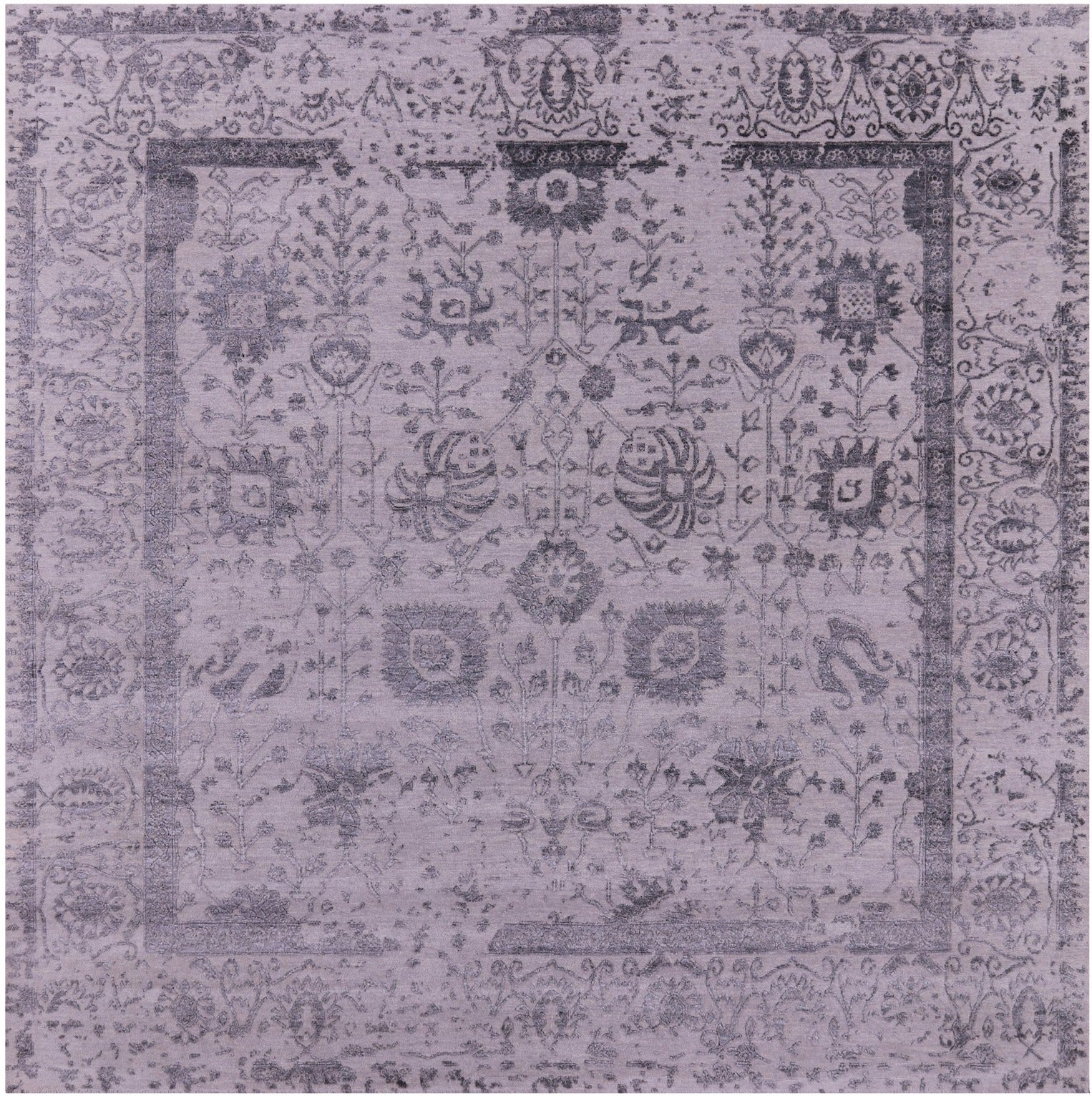 Grey Square Persian Tabriz Hand Knotted Wool & Silk Rug - 8' 0" X 8' 0" - Golden Nile