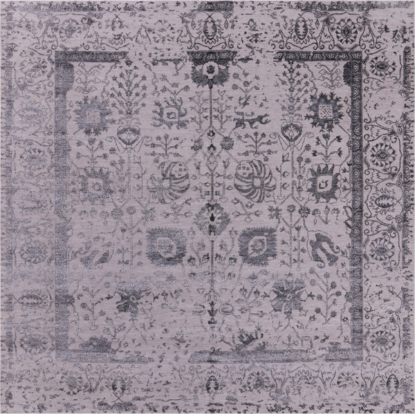Grey Square Persian Tabriz Hand Knotted Wool & Silk Rug - 8' 0" X 8' 0"