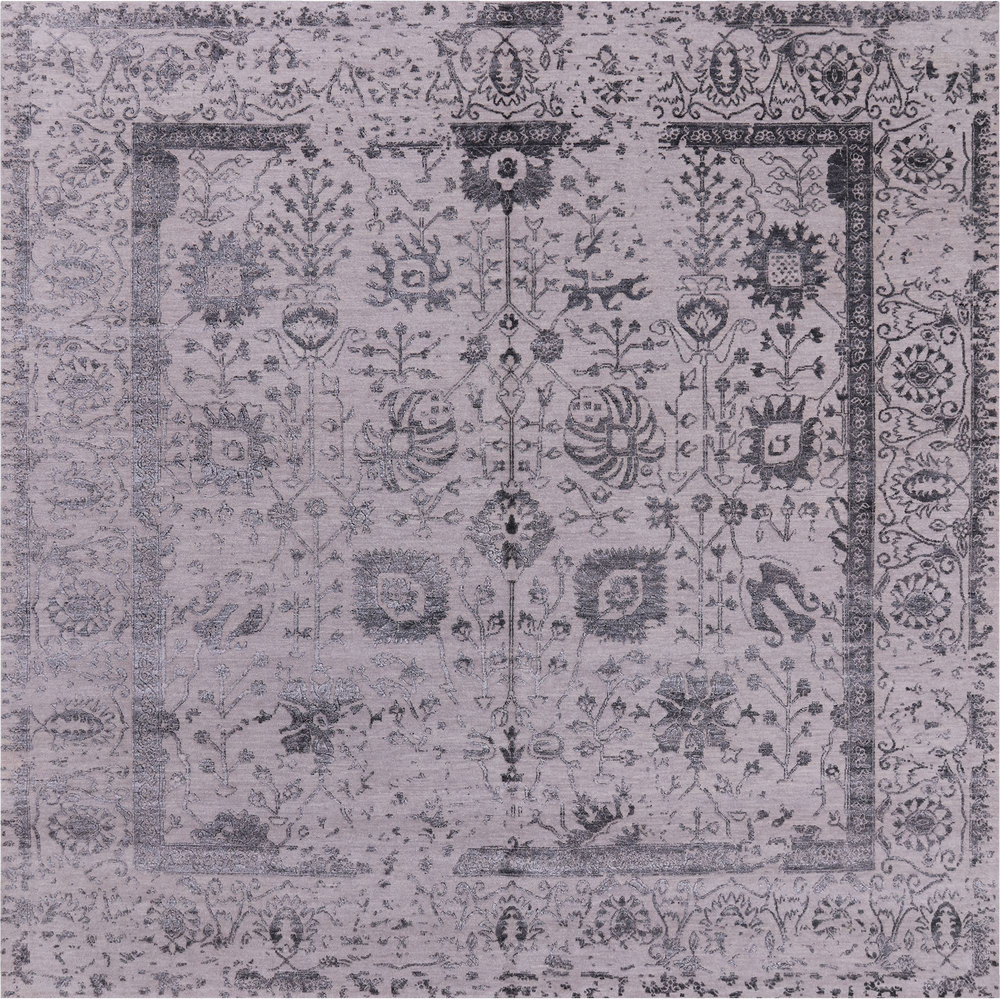 Grey Square Persian Tabriz Hand Knotted Wool & Silk Rug - 8' 0" X 8' 0"