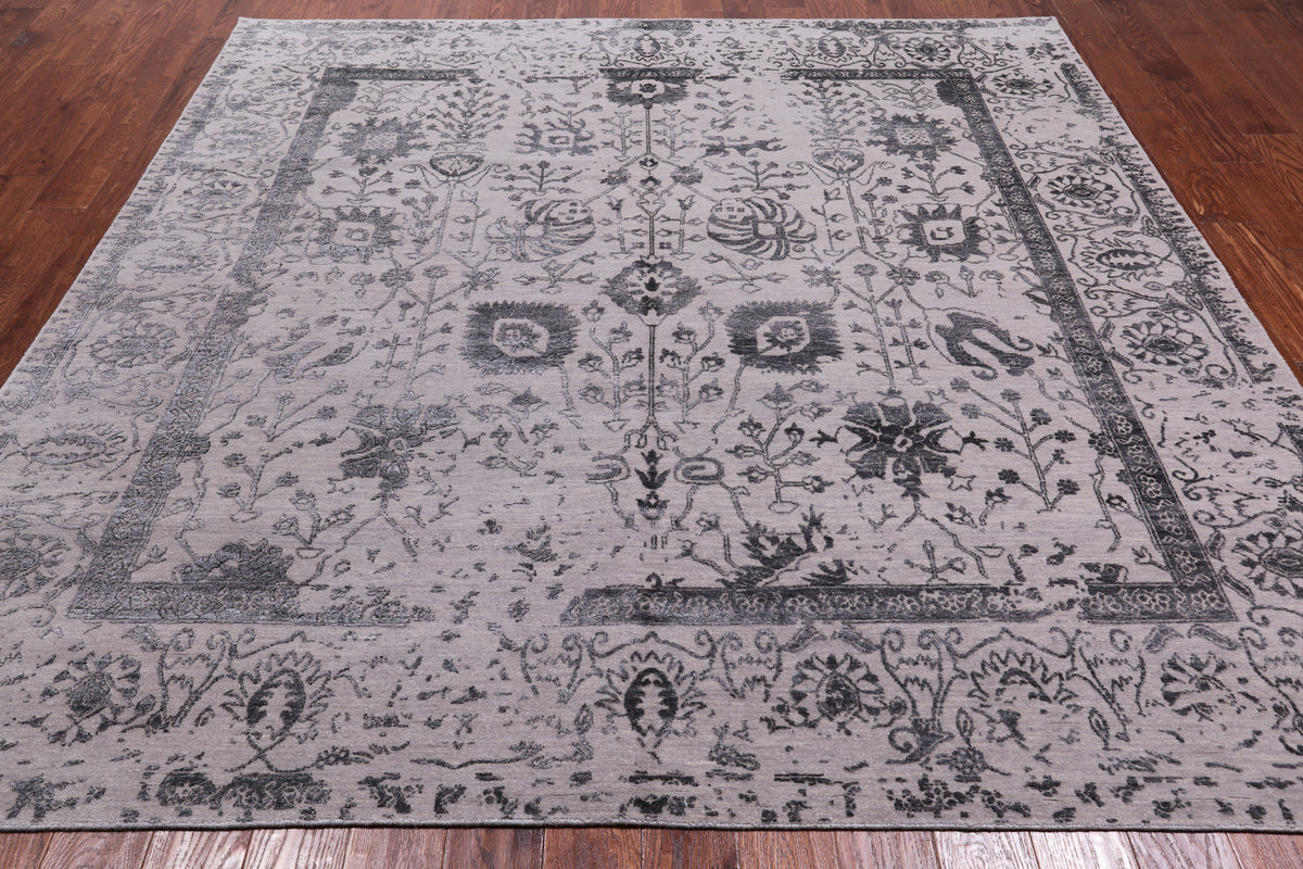 Grey Square Persian Tabriz Hand Knotted Wool & Silk Rug - 8' 0" X 8' 0"