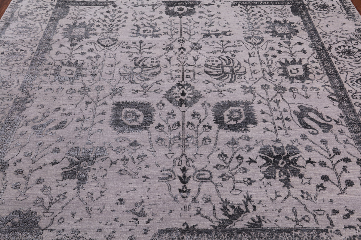 Grey Square Persian Tabriz Hand Knotted Wool & Silk Rug - 8' 0" X 8' 0"