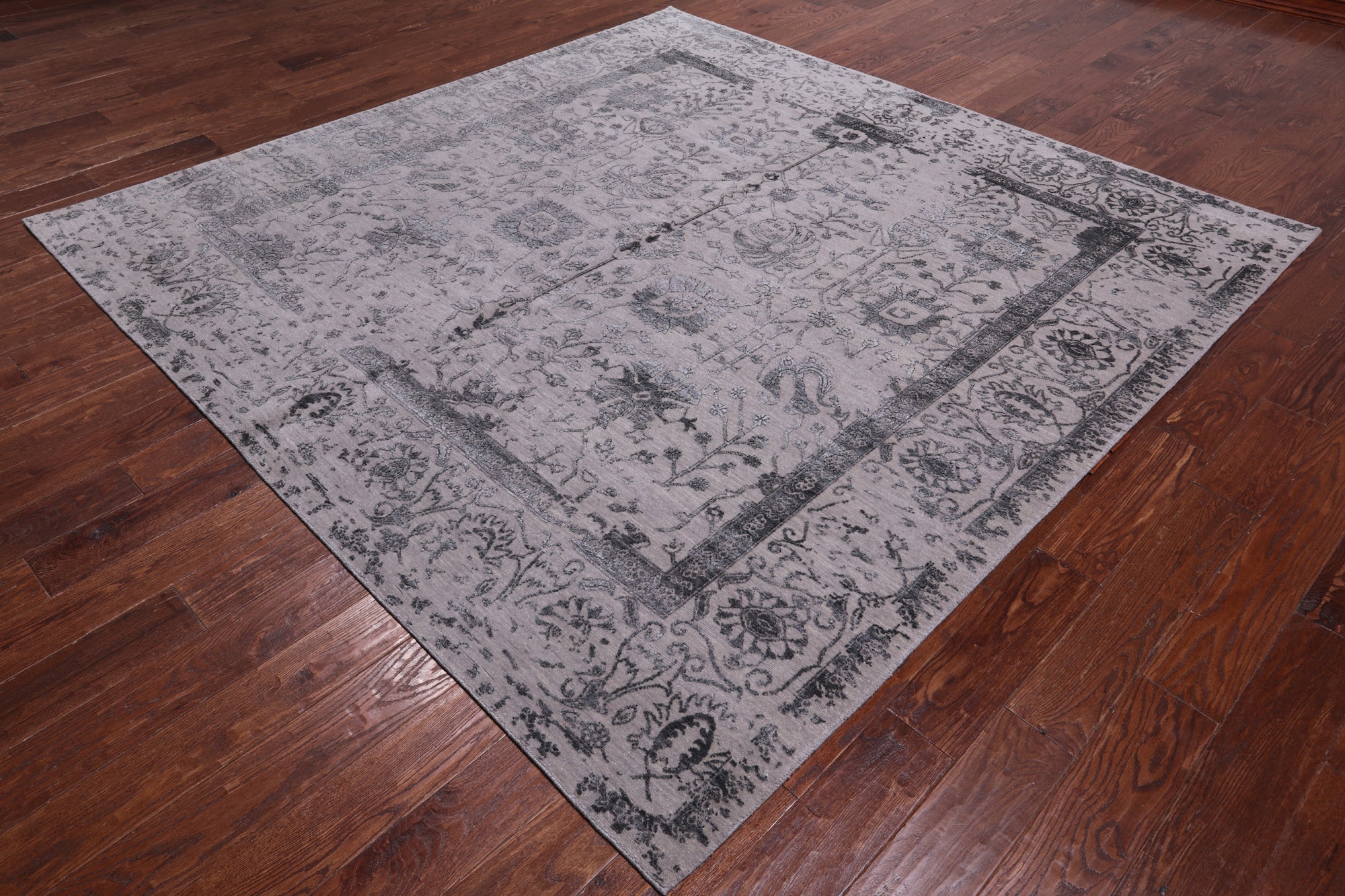 Grey Square Persian Tabriz Hand Knotted Wool & Silk Rug - 8' 0" X 8' 0"