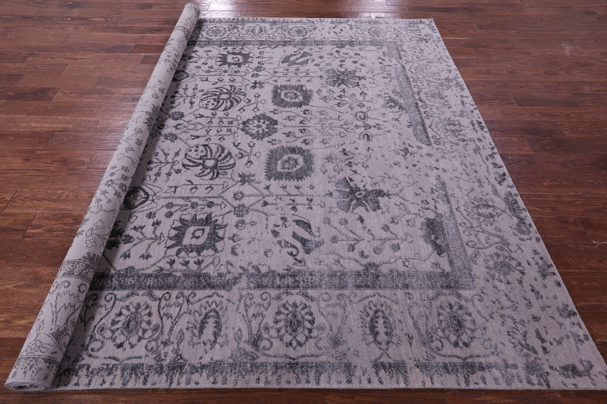 Grey Square Persian Tabriz Hand Knotted Wool & Silk Rug - 8' 0" X 8' 0" - Golden Nile